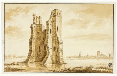 Ruins Of The Merwede Manor Seen From The Front With Dordrecht In The Background