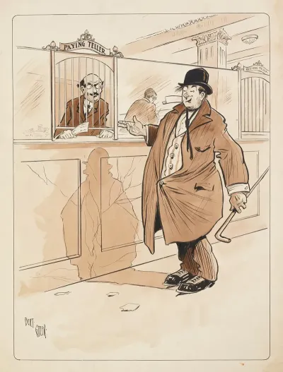 Rumpled Stout And Drunk Gentleman Rolls Up To Paying Teller Who Holds Slip In His Fist And Looks Sternly At The Man