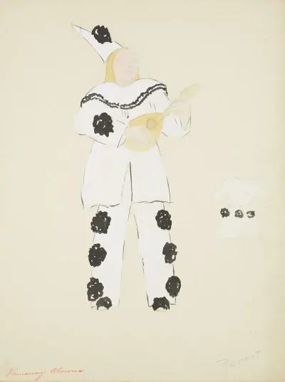 Runaway Clown Pierrot White Costume With Black Puffballs And Conical Hat Lute