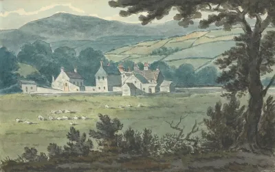 Rural Landscape Scene With Farm And Grazing Sheep
