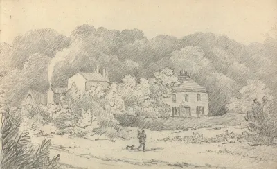 Rural Scene With Houses And A Hunter And His Dog