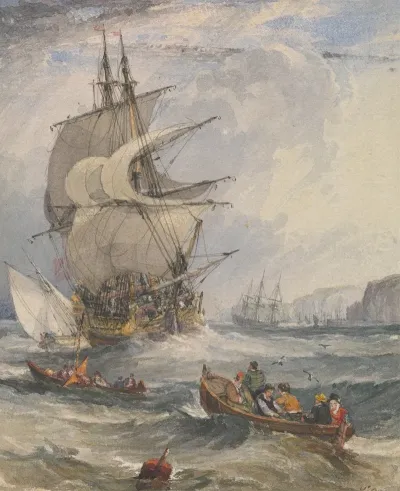 Sailing Ships And Small Boats In Rough Sea Off The Coast
