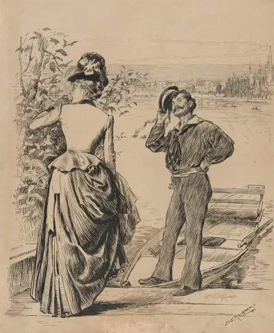 Sailor Tipping Hat To Lady On Banks Of River
