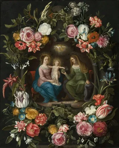 Saint Anne With The Virgin Mary And Child Jesus In A Circle Of Flowers