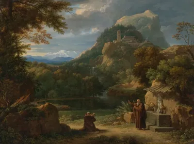 Saint Anthony Of Padua Introducing Two Novices To Friars In A Mountainous Landscape