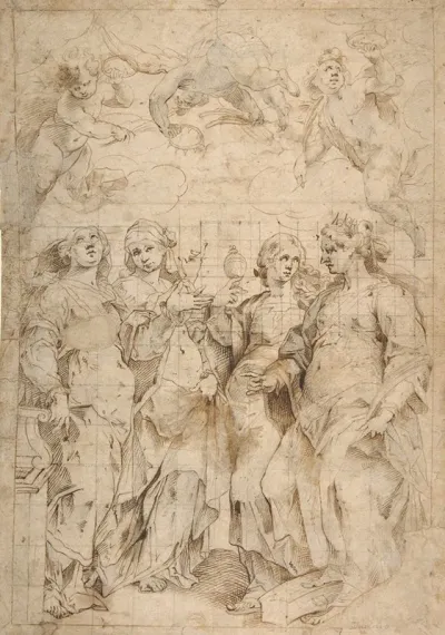 Saint Cecilia Saint Mary Magdalen Saint Catherine Of Alexandria And Saint Agnes Angels With Palm Branches And Crowns Above