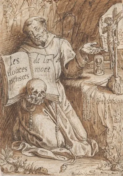 Saint Francis Kneeling In A Grotto Holding A Book And A Skull