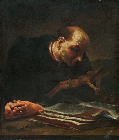 Saint In Prayer Before A Crucifix