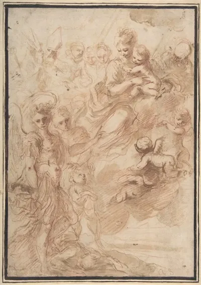 Saint Michael The Archangel And Another Figure Recommending A Soul To The Virgin And Child In Heaven