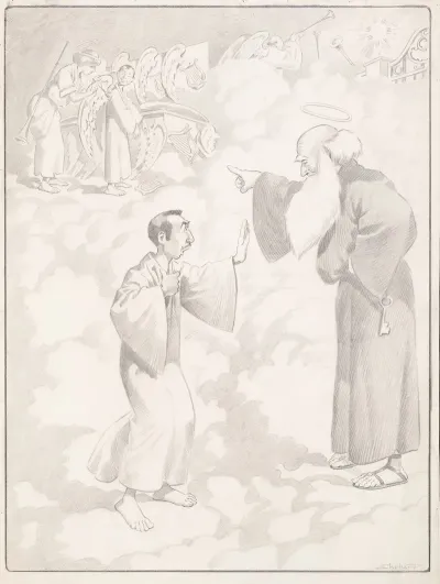 Saint Peter Directs A Reluctant Man Toward Heaven Where An Angel Applies Wings And Distributes Harps