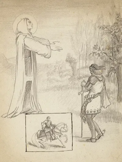 Saint Religieux Apparaissant A Un Chevalier Et Croise A Cheval Dans Une Vignette