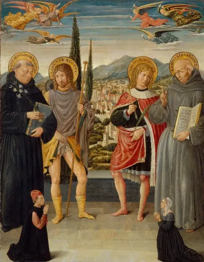 Saints Nicholas Of Tolentino Roch Sebastian And Bernardino Of Siena With Kneeling Donors