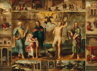 Saints Roch Sebastian Peter And Paul Surrounded By Eight Scenes From The Life Of Saint Roch
