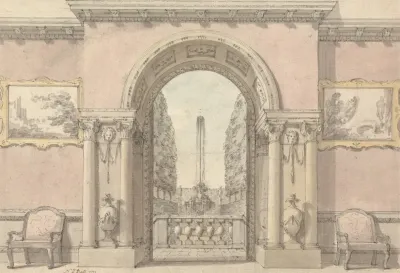 Saloon With An Arch To A Garden And Fountain