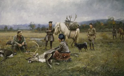 Sami Collecting Reindeer Which Have Been Shot