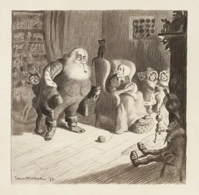 Santa Claus Puts On His Coat In A Parlor With Mrs Claus In Her Chair Two Children Two Elves And A Shelf Of Toys