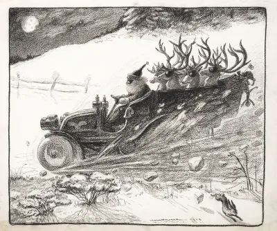 Santa Claus Speeding Down The Road In A Motorized Sleigh Reindeer Seated In Back
