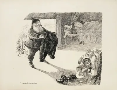 Santa Claus Stands In A Bedroom Where Someone Is Sleeping In Front Of A Fire Holding A Pair Of Pants