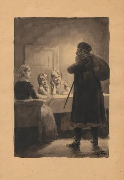 Santa Claus With A Sack On His Back And A Long Beard Visits A Family