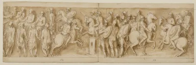 Sarmatere Fremfort For Det Kejserlige Rad Marcus Aurelius Og Pompejus Pa Hesteryg Omgivet Af Vagter Betragter Et Mindre Opgor Germanske Adelsmaend Overbringer En Meddelelse
