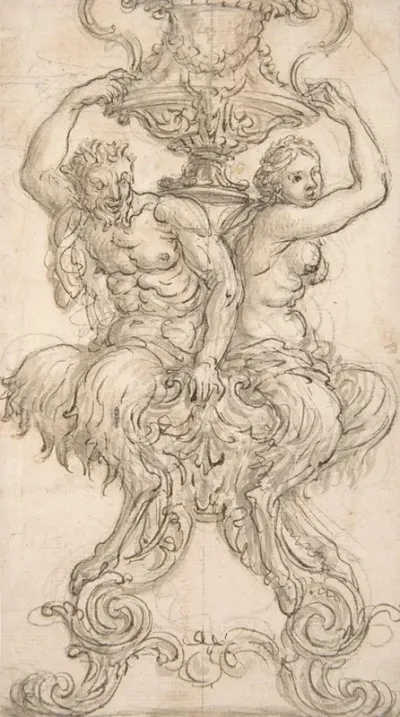 Satyr And Satyress Seated On A Pedestal Supporting A Vase