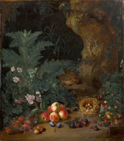 Scene De Sous Bois Nocturne Au Herisson Aux Fruits Et Au Nid Doiseaux