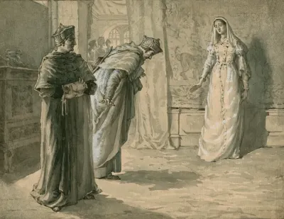 Scene From King Henry Viii 1 With Queen Katherine Cardinal Wolsey And Cardinal Campeius