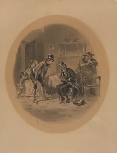 Scene From The Pickwick Club Seated Man Holding Umbrella