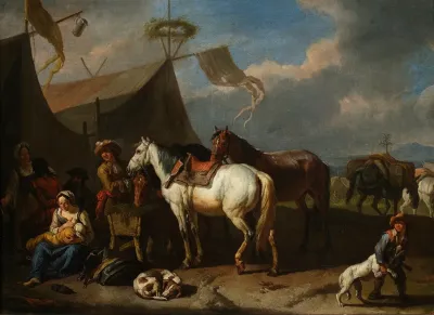 Scene In A Military Camp With A Breastfeeding Woman And A Boy Playing With A Dog
