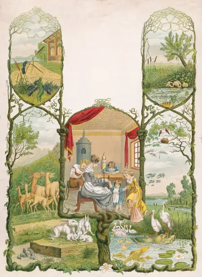 Scene Of Family Working At Home Surrounded By Scenes Of Forest Animals