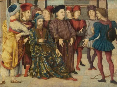 Scene Of Judgement From A Cassone Panel Shooting At Fathers Corpse