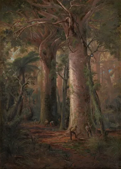 Scene Of Kauri Bush Gumdiggers At Work