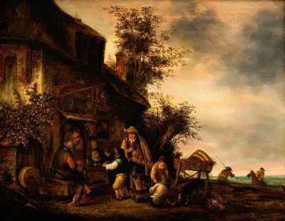 Scene With A Hurdy Gurdy Player And A Boy Violinist Outside A Tavern