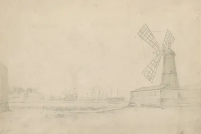 Scene With Windmill On Right Brooklyn Navy Yard To Left