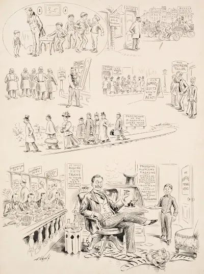 Scenes Of The Failure Of A Livery Stable Saloon And American Tailors And Of The Success Of Hustlers Magazine