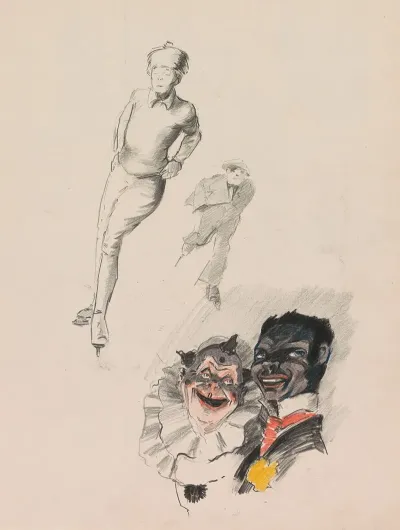 Schaatsende Man En Jongen En Twee Figuren Uit Een Commedia Dellarte