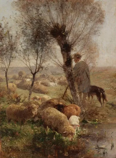 Schafer Mit Hund Und Herde Unter Weidenbaumen Am Wasser
