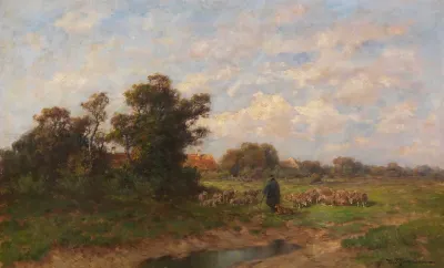 Schafer Mit Seiner Herde Am Dorfrand