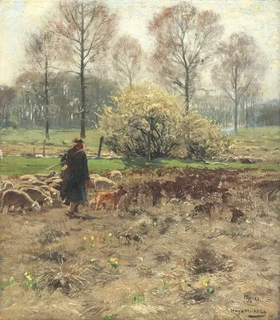 Schafer Mit Seiner Herde Im Vorfruhling