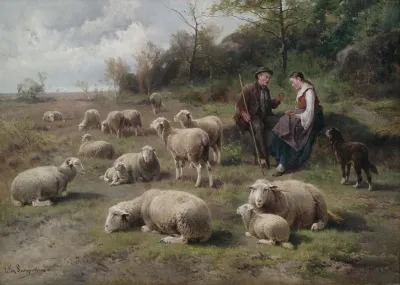 Schaferpaar Mit Herde In Weidelandschaft