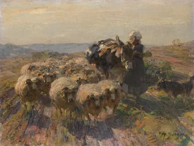 Schafherde Mit Hirtin Und Esel Auf Dem Feld