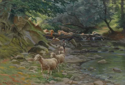 Schafherde Und Kleine Hirten Am Bachufer