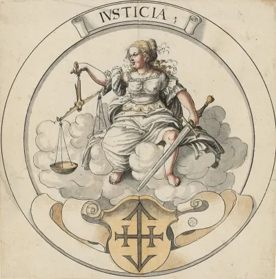 Scheibenriss Im Rund Mit Justitia Unten Nicht Identifiziertes Wappen