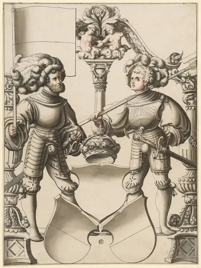 Scheibenriss Mit Fahnrich Und Halbartier Als Schildbegleiter Und Standeswappen Freiburg Oder Solothurn