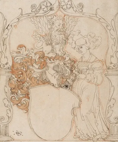 Scheibenriss Mit Frau Als Schildhalterin Und Leerem Wappen