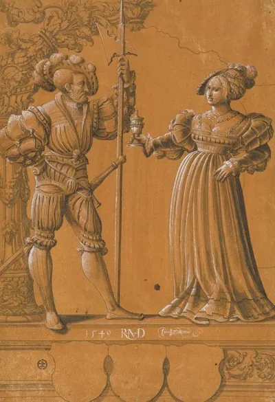 Scheibenriss Mit Frau Die Einem Landsknecht Den Willkommtrunk Reicht