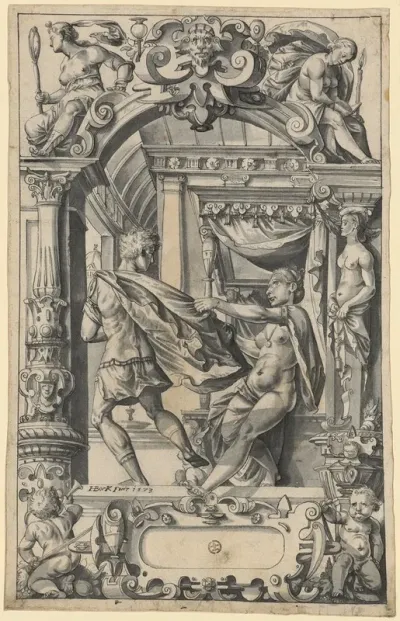 Scheibenriss Mit Josefs Flucht Vor Potiphars Weib In Den Oberbildern Fides Und Prudentia