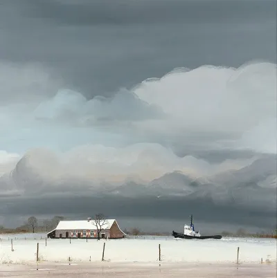 Scheldepolderlandschap Met Hoeve En Sleepboot