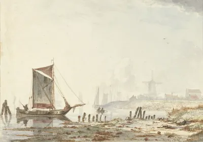 Schepen Op Een Rivier Bij De Oever