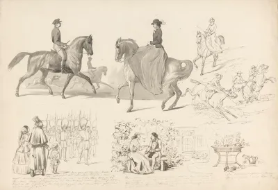 Schetsblad Met Diverse Studies Onder Andere Van Paardensport
